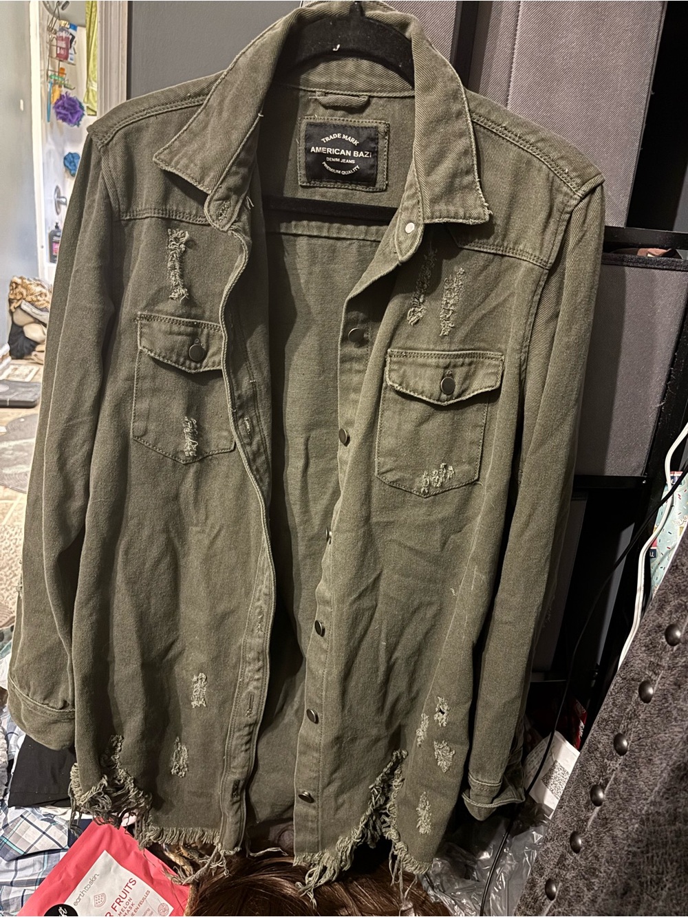 American Bazi Distressed Olive Green Utility Jacket Medium